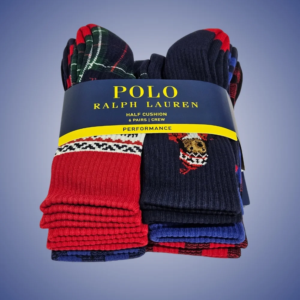 Polo Ralph Lauren Crew Socks Cotton Blend 6 Pairs Cushioned Soles Polo Bear Gift
